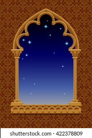 Gothic decorative window with starry night sky on the ornamental background. Vintage frame, cover and poster. Vector Illustration