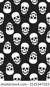 Gothic design seamless pattern with black skulls. Spooky background. 