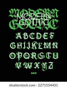Gotik, englisches Alphabet anzeigen. Vektorgrafik. Mittelalterliche lateinische Buchstaben. Mischen mit subtilen Grotesken. Alter europäischer Stil. Kalligrafie und Schrift. Großbuchstaben.