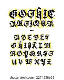 Gotik, englisches Alphabet anzeigen. Vektorgrafik. Mittelalterliche lateinische Buchstaben. Mischen mit Antiqua. Alter europäischer Stil. Kalligrafie und Schrift. Großbuchstaben.