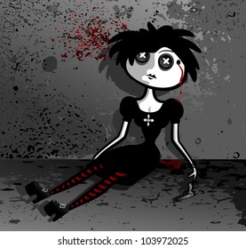 Gothic doll. A doll dressed in black. Doll shot herself. Vector illustration.