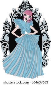 Gothic Doll - Pink haired cute girl in blue dress - Vector art