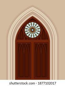 Puerta gótica doble con arco puntiagudo y ventana circular como entrada de edificio antigua Ilustración vectorial exterior