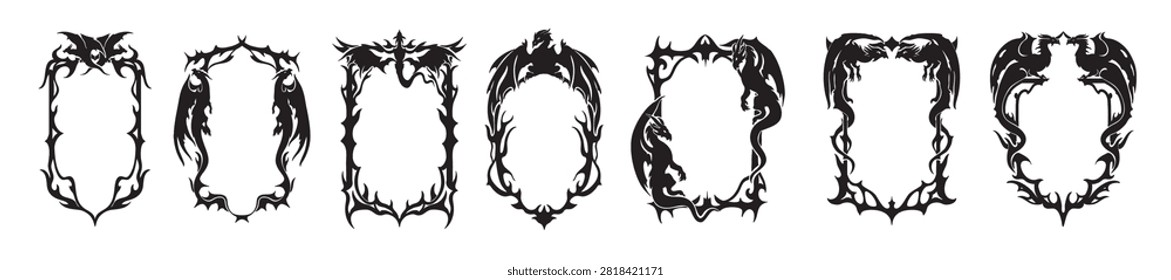 Gothic dragon frame, fantasy game dark border, mystic fairy tale medieval background, spike swirl. Antique mythology beast silhouette ornamental decor, RPG menu concept. Dragon symbol frame collection