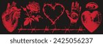 Gothic elements with a retro photocopy effect. Broken heart, barbed wire and other trendy Y2K elements. Grain effect and stippling. Vector dots texture.	