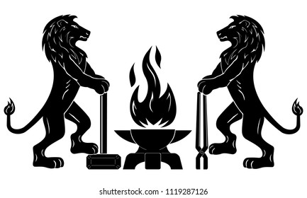 Gothic Emblem Of The Medieval Guild Of Blacksmiths, Craftsmen. Vector. Two Calm Lions Stand With Tools Near The Anvil. Flame In The Form Of A Bird Phoenix. Element Of Design.