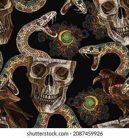 Gothic embroidery. Human skull, esoteric moon and snake. Horror art, clothes template and t-shirt design. Seamless pattern. Dark medieval halloween background 