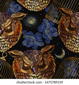 Gothic embroidery. Owl,  golden birds cage, dark night and moon seamless pattern. Haloween art. Fairy tale. Fashion template for clothes, t-shirt design 