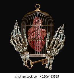 Gothic embroidery. Skeleton hands, anatomical heart, golden key and bird cage . Romantic dark medieaval background. Freedom and captivity concept. Template for clothes, textiles, t-shirt design