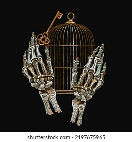 Gothic embroidery. Skeleton hands, golden key and bird cage  . Romantic dark medieaval background. Freedom and captivity concept. Template for clothes, textiles, t-shirt design