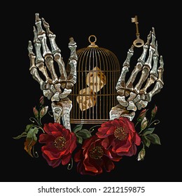 Gothic embroidery. Skeleton hands, golden key, dice and red roses. Romantic dark medieaval background. Freedom and captivity concept. Template for clothes, textiles, t-shirt design