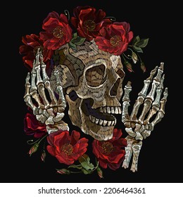 Gothic embroidery. Skeleton hands, skull and wild red roses. Romantic floral dark medieaval background. Template for clothes, textiles, t-shirt design