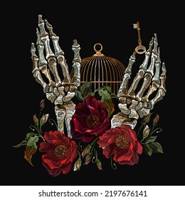 Gothic embroidery. Skeleton hands and wild red roses. Golden cage and vintage key. Romantic floral dark medieaval background. Template for clothes, textiles, t-shirt design