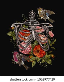 Gothic embroidery skeleton ribs, birds and flowers. Fashionable clothes, t-shirt design, beautiful flowers, renaissance style vector. Embroidery human rib cage with red roses and titmouse 