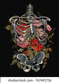 Gothic embroidery skeleton ribs and flowers. Fashionable clothes, t-shirt design, beautiful flowers, renaissance style vector. Embroidery human rib cage with red roses 