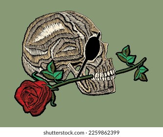 Gothic embroidery skeleton rose vector