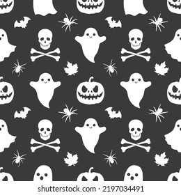 Gothic endless texture for printing on package, wrappers, cloth, envelopes or cards. Halloween seamless pattern made up of pumpkins, ghosts, maple leaves, bats, spiders and cats with crossbones. 