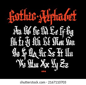 Gothic, English alphabet. Vector. Medieval Latin letters. Uppercase and lowercase letters. Signs and symbols for tattoos. Ancient European style. Calligraphy and lettering. Complete alphabet.