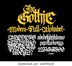 Gothic, English alphabet. Vector. Medieval Latin letters and numbers. Signs and symbols for tattoos. Ancient European style. Calligraphy and lettering. Separate uppercase and lowercase letters.