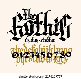 Gothic, English alphabet. Vector. Medieval Latin letters and numbers. Signs and symbols for tattoos. Ancient European style. Calligraphy and lettering. Separate lowercase letters.