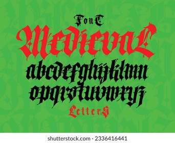 Gothic, English alphabet. Vector. Medieval Latin letters and numbers. Signs and symbols for tattoos. Ancient European style. Calligraphy and lettering. Separate uppercase and lowercase letters.
