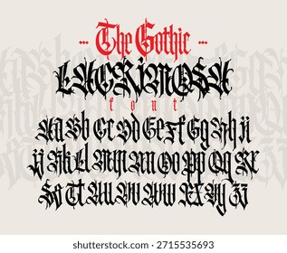 Alfabeto gótico, inglés. Vector. Letras medievales de Latina. Señales y símbolos para tatuajes. Antiguo estilo europeo. Caligrafía y letras. Separe las letras mayúsculas y minúsculas.