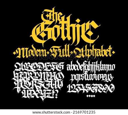 Gothic, English alphabet. Vector. Medieval Latin letters and numbers. Signs and symbols for tattoos. Ancient European style. Calligraphy and lettering. Separate uppercase and lowercase letters.