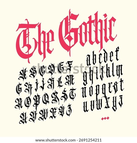 Gothic, English alphabet. Vector. Medieval Latin letters. Signs and symbols for tattoos. Ancient European style. Calligraphy and lettering. Separate uppercase and lowercase letters.