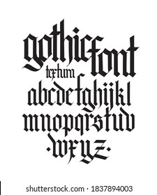Gothic, English alphabet. Vector set. Font for tattoo, personal and commercial purposes. Elements isolated on white background. Calligraphy and lettering. Medieval Latin letters.