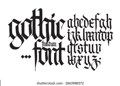 Gothic, English alphabet. Vector set. Font for tattoo, personal and commercial purposes. Elements isolated on white background. Calligraphy and lettering. Medieval Latin letters.