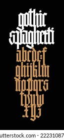 Gothic, English alphabet. Vector set. Font for tattoo, personal and commercial purposes. Elements are isolated on a black background. Calligraphy and lettering. Individual letters.