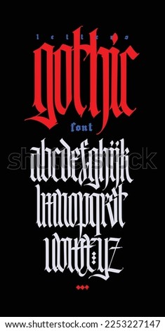 Gothic, English alphabet. Vector set. Font for tattoo, personal and commercial purposes. Elements are isolated on a black background. Calligraphy and lettering. Individual letters.