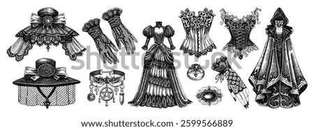 Gothic fashion hand-drawn vector illustrations. Victorian clothes designs. Engraved Halloween dresses and accessories. Historical costume elements. NOT AI generated