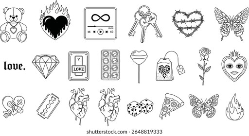 Gothic fashion set, blending love and heartache themes. A emo set of images on the theme of love, Emotionality, Romance, Heartache. Gothic fashion y2k style. Vector graphic set