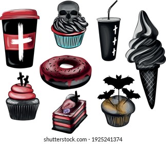 Gothic Fast food Sweets - Horror-Vektorset - Soda, Ceks, Cupcakes, Eis, Soda und Kaffee