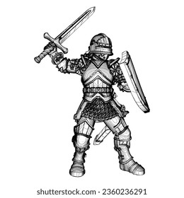 Gothic Fighting Knight Vector 01. Illustration einzeln auf weißem Hintergrund. Vektorgrafik eines Ritters mit Rüstung, Schwert und Schild.