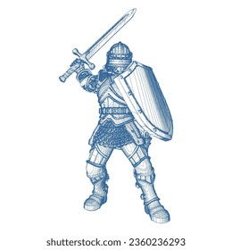 Gothic Fighting Knight Vector 02. Illustration einzeln auf weißem Hintergrund. Vektorgrafik eines Ritters mit Rüstung, Schwert und Schild.