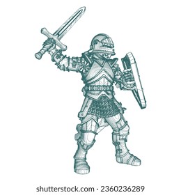 Knight Vector 03 de lucha gótica. Ilustración Aislada En Fondo Blanco. Ilustración vectorial De Un Caballero Con Armor, Espada y Escudo.