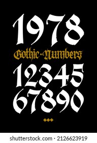 Gothic figures. Vector. Beautiful and stylish calligraphy. Elegant European typeface for tattoo. Medieval modern style. White characters and numbers are saved separately on a black background.