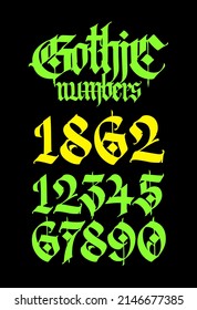 Gothic figures. Vector. Beautiful and stylish calligraphy. Elegant European typeface for tattoo. Medieval modern style. White characters and numbers are saved separately on a black background.