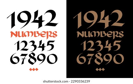 Gothic figures. Vector. Beautiful and stylish calligraphy. Elegant European typeface for tattoo. Medieval modern style. Black symbols and numbers are saved separately on a white background.