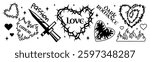 Gothic flame heart tattoo designs - passion, love, romance dark symbols. Burning dagger shape, thorny core silhouette, fiery borders ornaments, blaze patterns vector set for couple feelings.