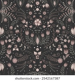 Gothic floral pattern featuring pink tulips and green foliage in a vintage folk style. Symmetrical and decorative, with whimsical flowers on a black background for a Fairy-core look.