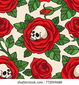 Gothic floral pattern. Vector seamless pattern with skulls and red roses. Isolated on white background.