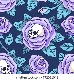 Gothic floral pattern. Vector seamless pattern with skulls and blue roses. Isolated on dark background.