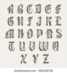 Gothic font, alphabet, letter, vintage calligraphy symbol,  ornamental Celtic style retro old tip.  