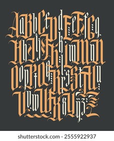 Gothic font composition. Full set of capital and  small letters of the English alphabet in vintage style. Medieval Latin letters. Vector calligraphy and lettering. Suitable for tattoo, label, logo