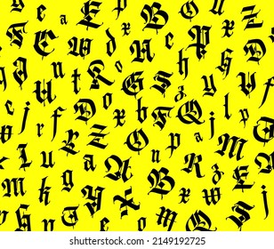Gothic font, composition. Vector. Medieval Latin letters. Random letters in random order. Black letters isolated on yellow background. Design for fabric and packaging.