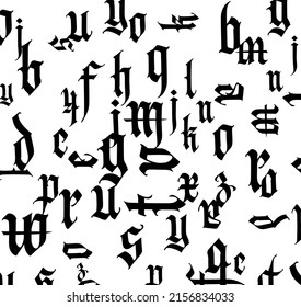 Gothic font, composition. Vector. Medieval Latin letters. Random letters in random order. Black letters isolated on white background. Design for fabric and packaging.