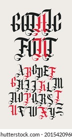 Gothic font. Full set of capital letters of the English alphabet in vintage style. Medieval Latin letters. Vector calligraphy and lettering. Suitable for tattoo, label, headline, poster, etc.